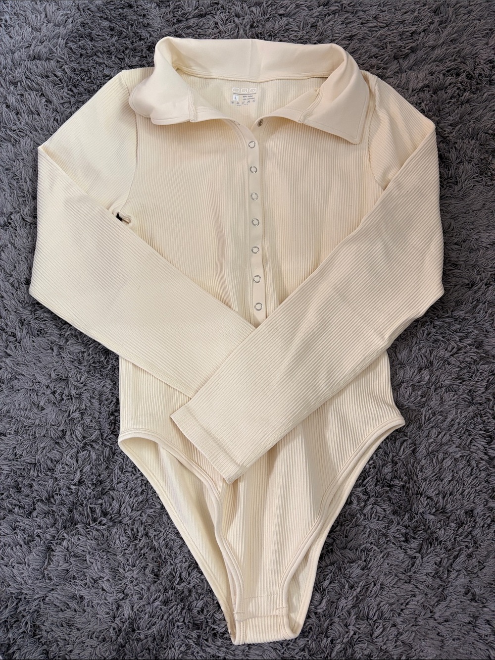 NEW OQQ Cream Ribbed Long-Sleeve One-Piece Bodysuit with Collar